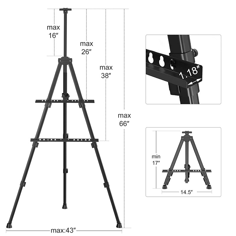 17"-66" Aluminum Tripod Adjustable Artist Field Black Display Easel with Bag Stand for Table-Top/Floor Painting