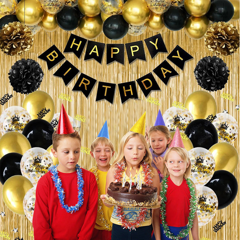 Happy Birthday Banner Black Gold Birthday Decorations Multiple Color Banner Balloons Fringe Curtain Heart Star Foil Confetti Balloons Hanging Swirls