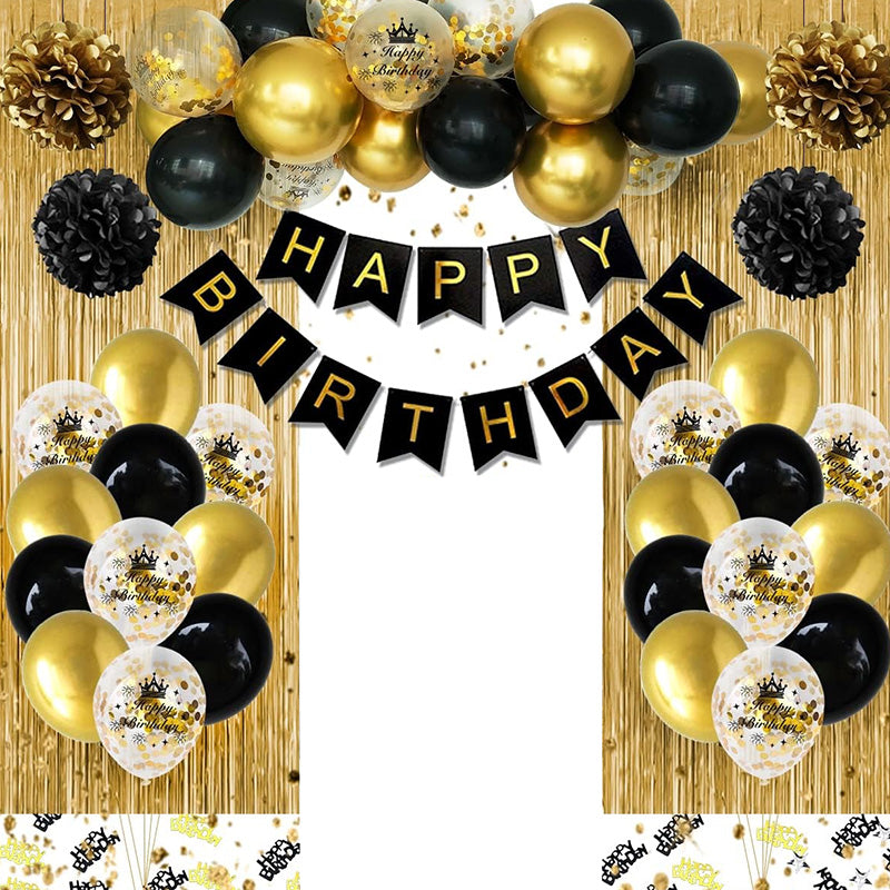 Happy Birthday Banner Black Gold Birthday Decorations Multiple Color Banner Balloons Fringe Curtain Heart Star Foil Confetti Balloons Hanging Swirls