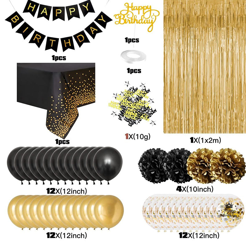 Happy Birthday Banner Black Gold Birthday Decorations Multiple Color Banner Balloons Fringe Curtain Heart Star Foil Confetti Balloons Hanging Swirls