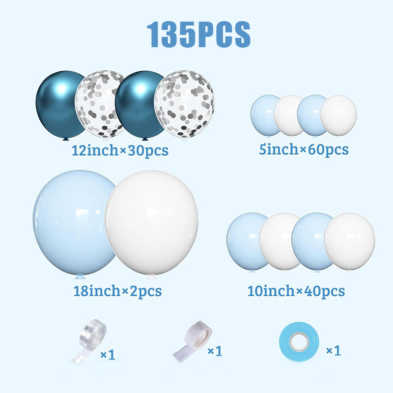 135PCS Blue Balloon Garland Arch Kit Baby Blue White Silver Balloons for Boy Baby Shower Birthday Bridal Shower Wedding Frozen Ocean Nautical Party Decorations