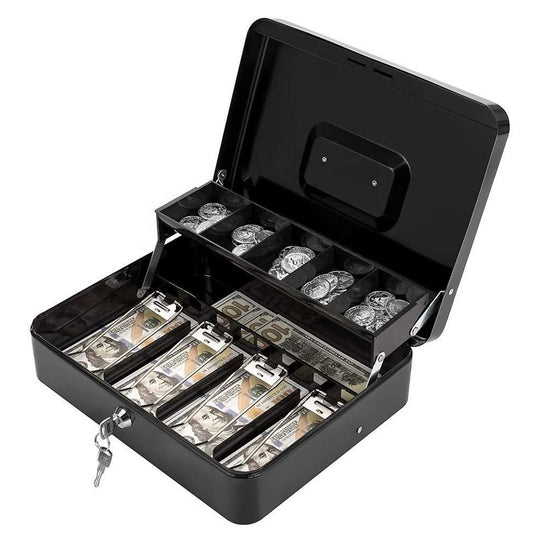 Large Cash Box with Lock and Money Tray Metal Money Box for Cash Lock Box for Money Tiered 11.8 x 9.4 x 3.54 Inches Black