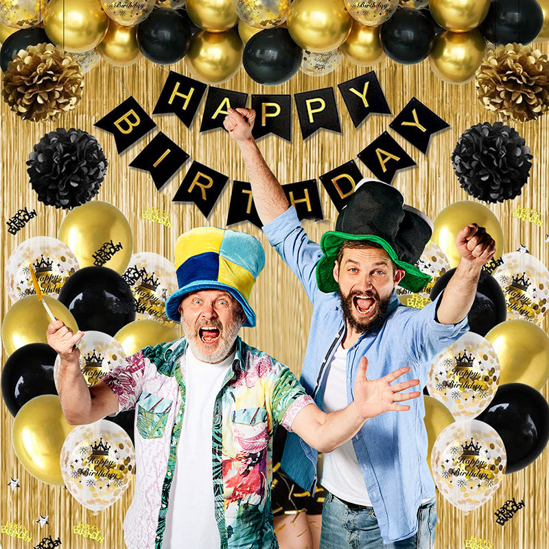 Happy Birthday Banner Black Gold Birthday Decorations Multiple Color Banner Balloons Fringe Curtain Heart Star Foil Confetti Balloons Hanging Swirls